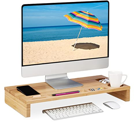 Relaxdays Monitorständer Bambus, 7 Fächer, Bildschirmerhöhung Schreibtisch, Monitor Unterbau, HBT: 8,5x60x30 cm, Natur