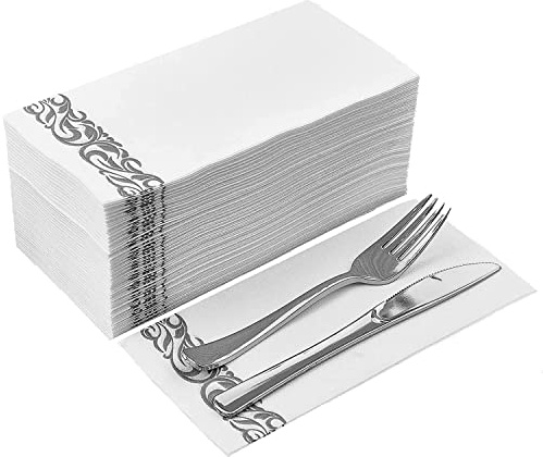DADAWU Toallas de mano desechables, servilletas de papel decorativas para baño, toallas de invitados con sensación de lino para cocina, fiestas, bodas, 30x43 cm, paquete de 50 (plateado)