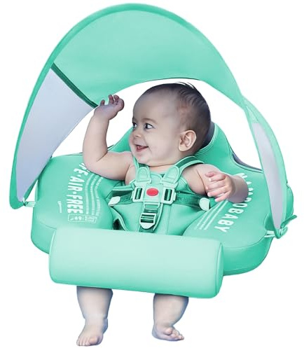 Mambobaby Float with Canopy UPF 50+ Sun Protection Non-Inflatable Solid Swim Float Pool Float Mambo Baby Smart Swim Trainer Infant Float Swim Ring for Baby Aged 3-24 Months