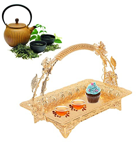Belupai Bandeja de Servicio de Café Decorativa Vintage con Asas, Bandejas de Té Organizador de Baño Bandeja de Tocador Bandeja de Servicio de Metal Elegante de Aleación de Zinc para el Hogar Bar Café