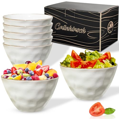 Grünhirsch® Premium Müslischalen 6er Set aus Keramik (weiß) - Müsli-Schale & Suppen-Schüssel für Cornflakes, Salat & Bowls groß [6 x 700ml] - Servierschalen, Dessertschalen & Snackschalen bruchfest