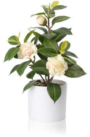 Tuocal Artificial Plant in Pot 11 / 28cm Faux Camellia Flower Green Plants Fake Potted Small Bonsai Plants for Home Office Living Room Shelf Desk Decoration, Yellow