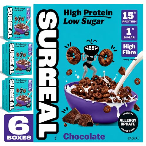 Surreal Chocolate Cereal - High Protein Cereal 6 Pack - Zero Sugar- Healthy Plant Based Cereal - High in Fibre - Low Carb - Gluten Free - Vegan - 18g of Protein, 0g of Sugar - 240g per Box