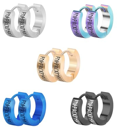 Hinvan 5 Paar Edelstahl Wikinger Ohrringe für Herren Damen, Silber Ohrringe Herren Gold Schwarz Nordischer Wikinger Rune Männer Creolen Gold