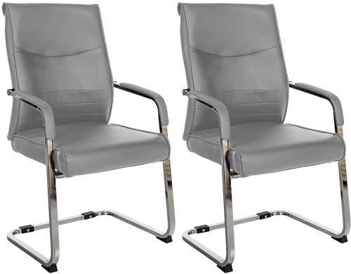 CLP 2er Set Besucherstuhl ergonomisch Hobart, Freischwinger mit Armlehnen, Kunstleder gepolstert Chromgestell, Konferenzstuhl Büro, Farbe:grau, Material:Kunstleder