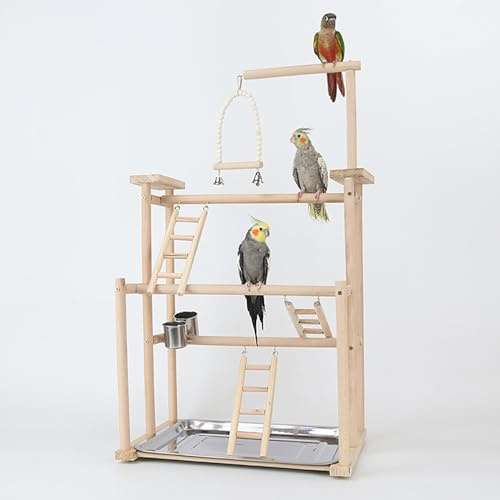 AMZTEMU Wooden Parrot Play Stand, Climbing Frame with Perches for Small, Medium Parakeets, Cockatiels, Finches, Budgies, Lovebirds (44x31x79CM)