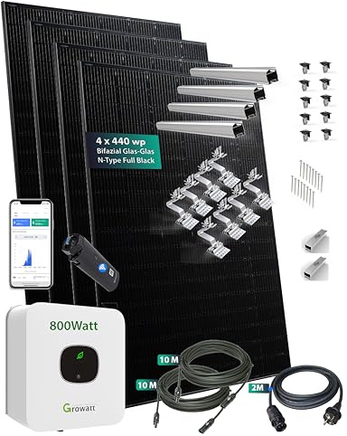 Balkonkraftwerk Solar DACH Quatro mit Growatt Mic 800W Wechselrichter / 1760W (4 x 440W) JA Solar bis zu 2300W Bifazialer Glas Glas PV-Leistung mit Aluminium Unterkonstruktion SET für Pfannendach