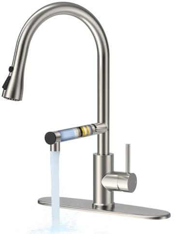 FEELSO Kitchen Faucets, Upgraded Filter Water Kitchen Faucet with Pull Down Sprayer, Brushed Nickel Stainless Steel High Arc 1 Or 3 Hole Kitchen Sink Faucet for Remove Lead, Chlorine, Bad Taste & Odor
