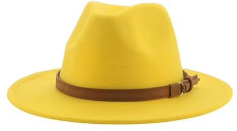 FULUJIDI Fedora Trilby Filzhut Hut Fedora Hüte Für Frauen Männer Breite Krempe Solide Frauen Hüte Band Gürtel Klassische Formale Kleider Hüte 60-62Cm(XL) Gelb