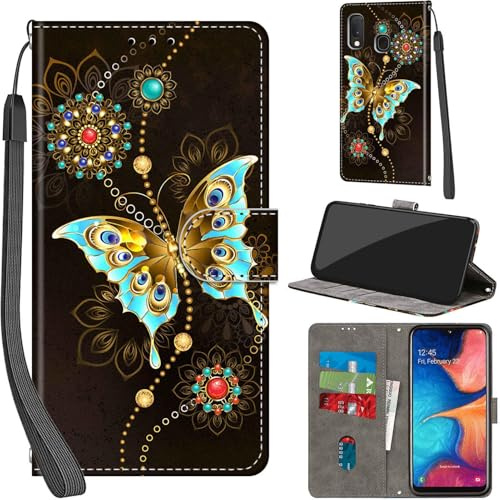 Handyhülle für Samsung Galaxy A20e Hülle PU Leder Schutzhülle Klappbar mit Kartenfach Ständer Handytasche mit Kameraschutz Flip Case Klapphülle für Samsung A20e, grüner Schmetterling