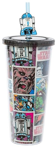 Silver Buffalo Star Wars Comic Panels Featuring Chewbacca, R2D2, Darth Vader, Stormtrooper, Luke Skywalker, Princess Leia, Hans Solo, Boba Fett Plastic Cold Cup with Lid and Topper Straw, 24 Ounces