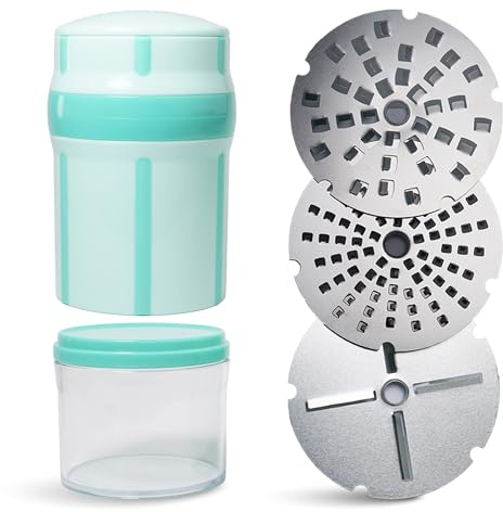 evergrate® EasyGrater Kolibri - Multifunktionale Küchenreibe mit Drehmechanismus, 3 Edelstahl Reibeinsätze, Auffangbehälter - Für Käse, Schokolade, Gemüse & mehr - Spülmaschinenfest, Robustes ABS