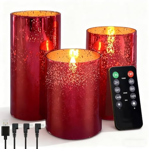 NICE POINT LED Kerzen mit Timerfunktion und Fernbedienung, USB Aufladbare Echtwachskerzen 3er Set Rot, flackernde Flamme, 55-100 Std. Laufzeit für Weihnachten,Schlafzimmer Dekoration