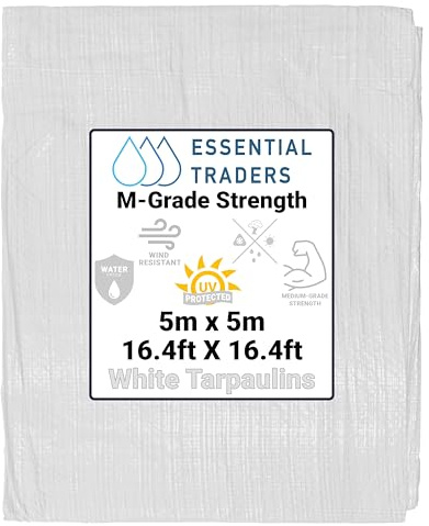 100gsm Pure White Heavy-Duty Tarpaulin - UV Protected, Bright Waterproof Tarp for Outdoor Use, Camping Groundsheet, Garden Furniture Cover, Tool Shelter, and Weatherproof Protection (5m x 5m)