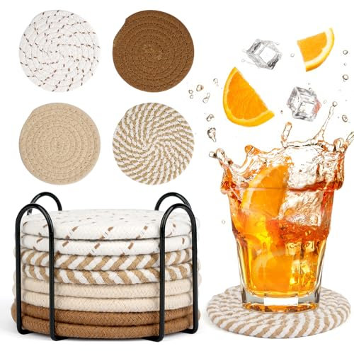 Untersetzer Gläser, 8 Stück Glasuntersetzer Rund Handgemachte, Tassenuntersetzer aus Baumwolle mit Halter, Getränkeuntersetzer Hitzebeständiger Waschbarer für Getränke, Tassen, Glas(11.5 x 11.5cm)