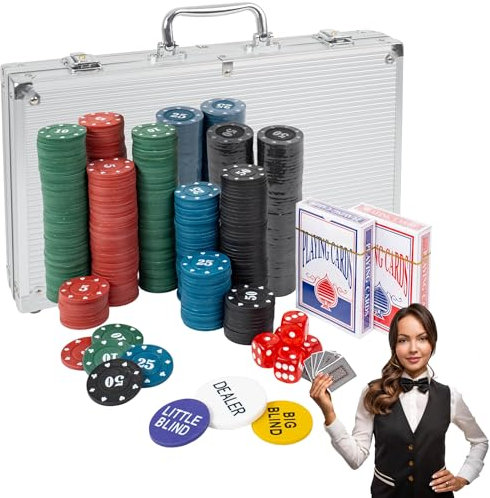 H&F Heimtextilien Pokerkoffer Set 300 Chips – Komplettes Poker Spielset mit Karten Würfeln & Dealer-Button im Aluminiumkoffer – Für Einsteiger & Fortgeschrittene