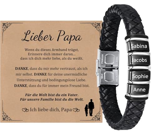 Gamtic Personalisierte Armband Herren mit Gravur - Lederarmband Herren mit Namen, Vatertagsgeschenk für Papa, Personalisiertes Geschenk für Männer, Geschenk für Papa Ehemann Freund