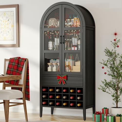 ONBRILL 71 Tall Arched Wine Bar Cabinet with Storage, Bar Cabinets with Doors and Shelves, Liquor Cabinet for Home, Kitchen Pantry for Dining Living Room (Black)