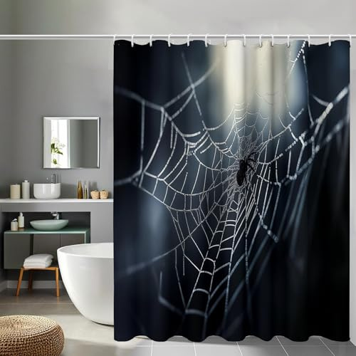 MULERN Rideau de Douche Aquarelle 150 x 180 cm Rideau de Bain, Tissu Polyester Imperméable Toile D'Araignée Cendre Lavable Rideaux Salle de Bain avec 12 Crochets pour Baignoire