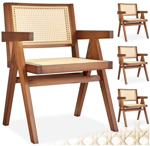 tectake® Esszimmerstühle, Boho Korbsessel Wiener Geflecht, Esstisch Stühle, Essstühle, Küchenstühle 4er Set, Armlehnstuhl, Esszimmer, Sessel Wohnzimmer - Eiche dunkel mit Armlehne, 4er Set