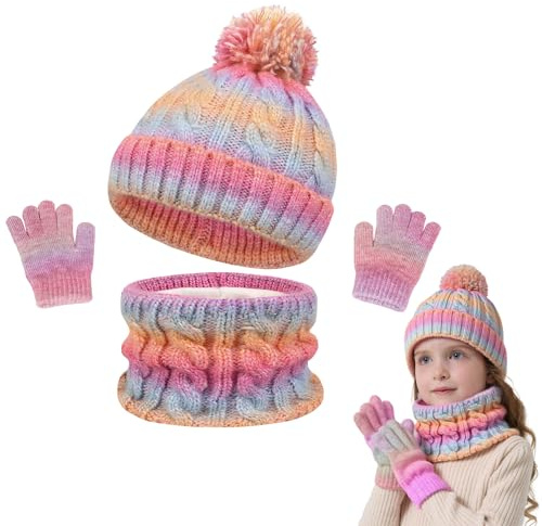 JinBei Conjunto de Gorro y Bufanda y Guantes para Niños, 3 in1 Térmico Cálido Invierno Beanie Forro Polar Braga Cuello Gorros con Pompon Punto Set Niña Niño Regalo 3-10 Años, Color