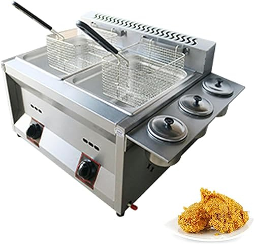 Friteuse À Gaz Commerciale, en Acier Inoxydable, avec Paniers Et Couvercles Amovibles, pour La Cuisson des Aliments sur Comptoir De Restaurant.-10l+10l+2xfried Baskets