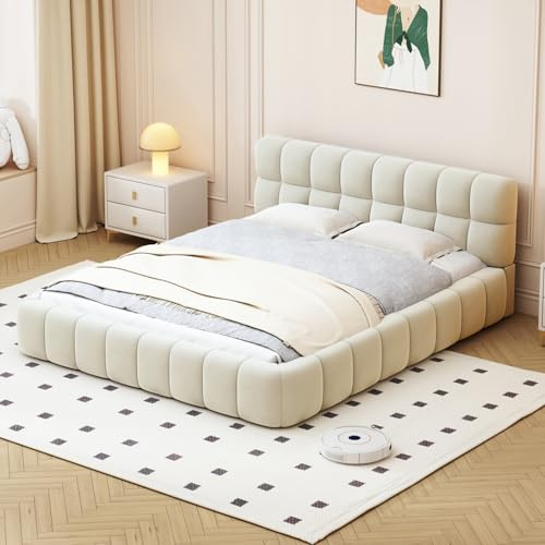Henunem Polsterbett Bubble Bett 140x200,Doppelbett mit Bettkasten,Polsterbetten 140x200 cm mit Stauraum, Jugendbett Flachbett Gästebett mit Lattenrost und Kopfteil, Ohne Matratze, Leinen,Beige