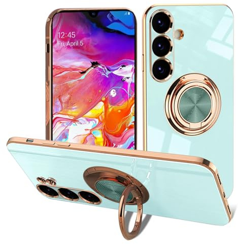 EYZUTAK Electroplated Magnetic Ring Holder Case for Samsung Galaxy S26, 360 Degree Rotation Metal Anti-fall Finger Ring Holder Magnet Car Holder Slim Soft Silicone Shockproof Cover - Mint Green