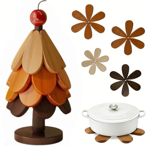 Vyloky Baumform Holz-Topfuntersetzer 4er-Set – Hitzebeständige Untersetzer für Töpfe, Schüsseln, Teller & Tassen – Faltbare Tischsets als dekorative Weihnachtsbaum-Küchendeko (Mit Kirsch-Spitze)