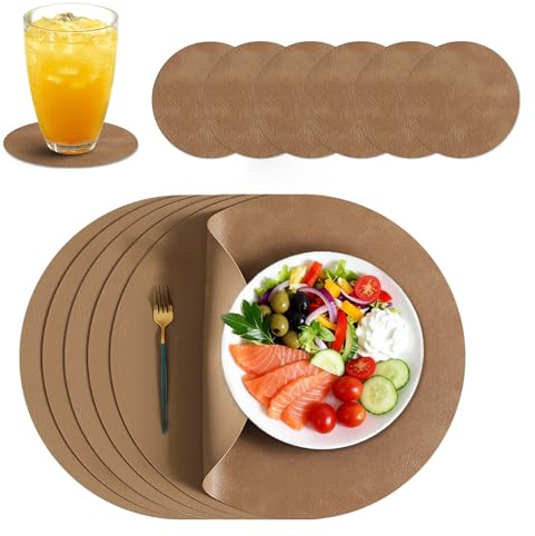 Bordstabletter set med 6 underlägg, rund Ø 33 cm, av konstläder, halkfri, dubbelsidig, vattentät, värmebeständig och tvättbar, perfekt för kök, hushåll, restaurang och hotell