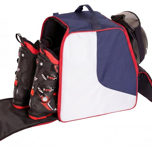 EIGEETO Wasserdichte Skischuh- und Helmtasche für Kinder, separate Fächer für Trocken- und Nassfächer für Brillen, Handschuhe, Skibekleidung und Stiefel, Rot / Weiß / Blau