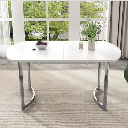 Merax Esstisch oval ausziehbar, 140/180 * 80 cm, moderner erweiterbarer Esstisch, versilberte Metallbeine, 4–6 Person, für Küche und Wohnzimmer, Weiß