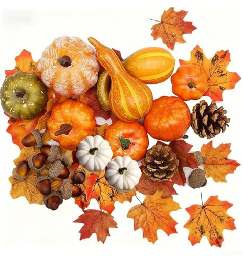 KHIronHive 86 st konstgjord pumpa höst dekor set med lönnlöv tallkottar PVC-material höst Thanksgiving halloween skörd dekoration för inomhus utomhusbruk gör-det-själv bordsuppsats veranda trädgård