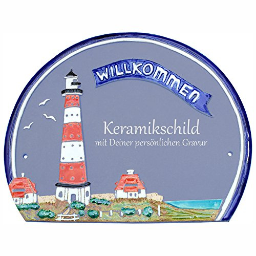 Handarbeit aus Schleswig-Holstein Keramikschild 28,5 x 23,0 cm Motiv Großer Leuchtturm WILLKOMMEN (hellblau)