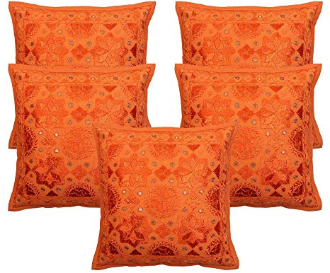 Stylo Culture Boho Fundas De Almohadones Decorativa 40x40 cm Algodón Espejado Forros para Cojines Sofa Naranja 16x16 Inch Bordado Cuadrado sobre Fundas Cojines Dormitorio - 5 Pcs