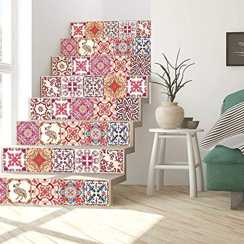 WALPLUS Pink Tile Stickers for Kitchen Peel and Stick Backsplash 15x15cm(6) Removable Stick on Tiles for Bathroom Transfers Moroccan Self Adhesive Wall Stairs Home Renovation 24pcs