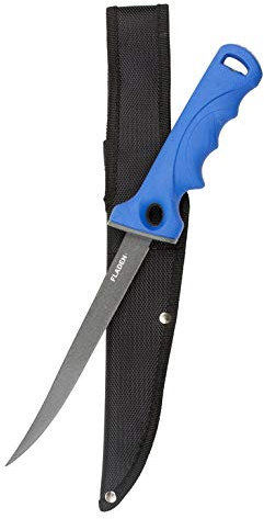 Fladen Coltello per sfilettare con una lama da 18 cm, in acciaio inox con rivestimento in titanio, manico blu, antiscivolo, fodero in nylon