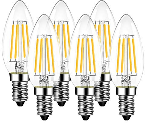 LVWIT 4W Ampoule Filament LED E14 C35,Equivalent à lampe halogène 40W, 470 lumens, AC 220-240V -Blanc Froid 6500K - Angle du faisceau 270°， Lot de 6