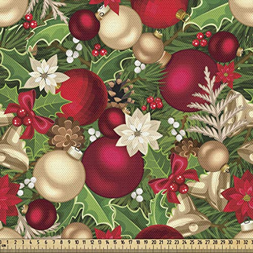 ABAKUHAUS Natale Tessuto a Metraggio, Tree Branches Bells, Tessuto Decorativo per Tappezzeria e Accenti Casa, 2M (148x200cm), Verde Lampone