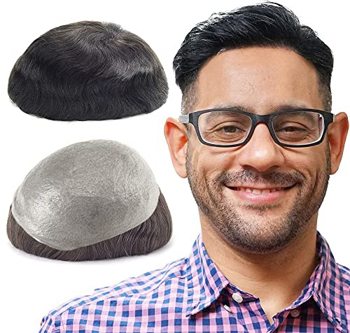 Lordhair Hair System for Men with Human Hair 8x10 inch Hairpiece for Men 0.06mm Super Thin Skin Mens Hair System All V-looped Mens Toupee Black #1A