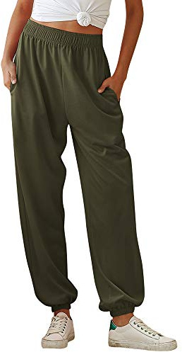 Nuofengkudu Femme Sarouel Jogging Pantalon Uni Ample avec Poches Elastique Taille Haute Baggy Fitness Tracksuit Bottoms Mode Classique Sport Harem Pants Danse Casual(Mince-Vert,S)