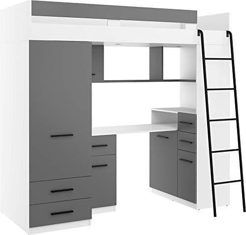 FurnitureByJDM Hochbett mit Schreibtisch, Kleiderschrank und Stauraum – Jugendbett für Kinderzimmer (110x204 cm) – Kinderbett mit 90x200 cm Matratzengröße – Rechte Leiter – SMYK (Weiß/Graphit)