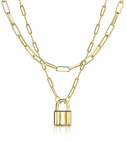 BOUTIQUELOVIN 14K Gold Plated Layered Lock Pendant Necklace | Set of 2 Paperclip Link Chain Necklace with Lock Jewelry