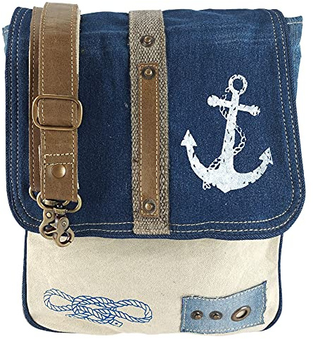 Sunsa Damen Messenger Bag Umhängetasche aus Jeans/Canvas & Leder 52586 | Maritim Schultertasche mit Anker Design. Vintage Retro Crossbody Bag mit verstellbaren Henkel und Reißverschlusse Fächer