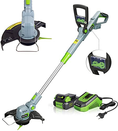 WORKPRO Akku Rasentrimmer 20V mit 2,0Ah Akku und Schnellladegerät, kabelloser Rasenmäher, 25 cm Schnittbreite, 90° drehbarer Trimmerkopf, Teleskop-Stiel, 20tlg. inkl. Nylonmesser für Garten