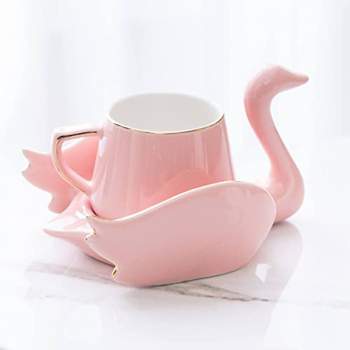 Hosoncovy Ceramic Swan Coffee Cup and Coaster Set Coffee Mug Cup and Saucer Set Tea Cup Set Drink Cup Set for Home Kitchen for Gift (Pink)