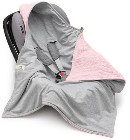 Mikos® Einschlagdecke Babyschale Herbst Winter GOTS zert. 100% Bio Baumwolle Strickdecke Baumwolldecke für Autositz Für Kinderwagen Buggys z.B. Maxi Cosi 3 Punkt Gurt (45) (Rosa)