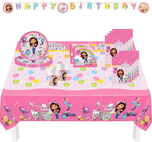 Procos PRO10245290DY - Set de Fiesta XL Gabby's Dollhouse, Juego de 46 Piezas, Platos, Mantel, Tazas, servilletas, Bolsas, banderola, vajilla Infantil