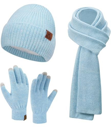 ZASFOU Damen Winter Mütze Schal Touchscreen Handschuhe Set Thermo Beanie Wintermütze Strickmütze Schlauchschal Winterhandschuhe Geschenk für Frauen
