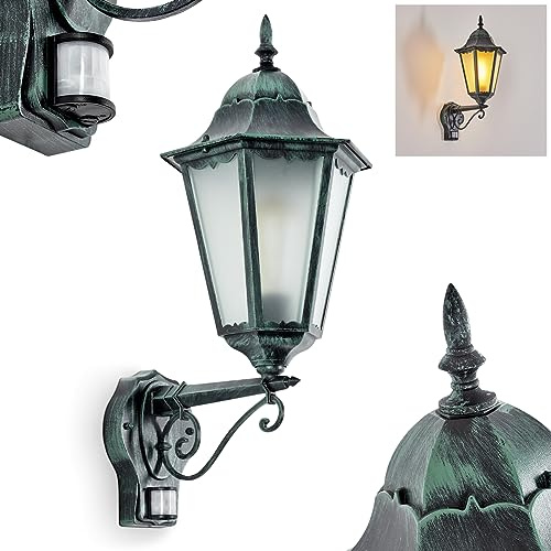 HOFSTEIN Außenwandleuchte Hongkong FROST, Außenwandlampe mit Bewegungsmelder aus Metall/Milchglas in Schwarz-Grün, Wechselscheiben Klar, Wandleuchte im Retro-Stil, E27, IP44, Eingangsbereich, Haustür